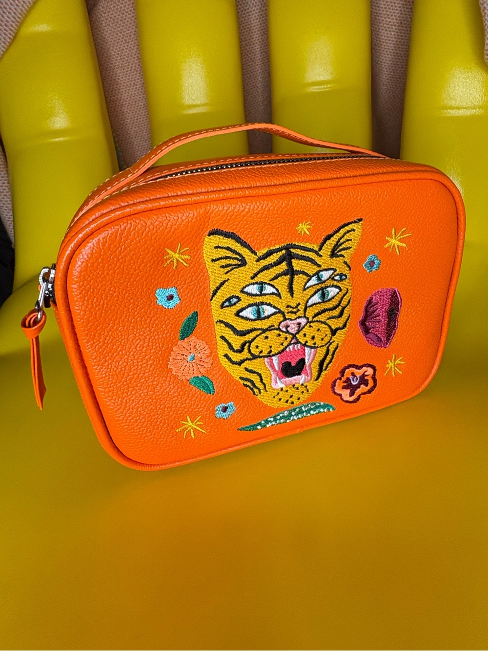 Verto Orange Leather Crossbody Bag - Happy Tiger Embroidery